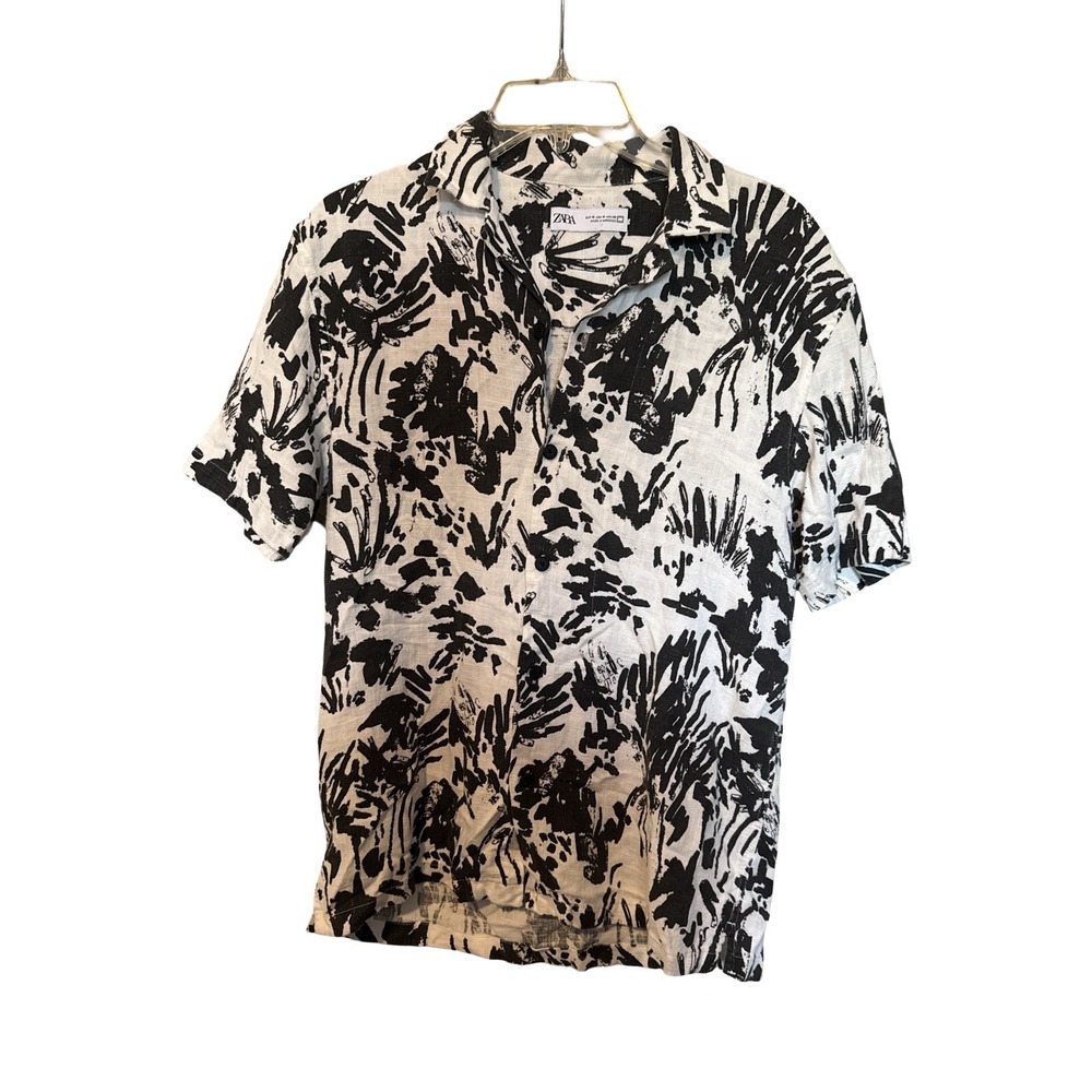 Zara Man Black & White Abstract Print Short Sleeve Button-Up Shirt – Size M 133